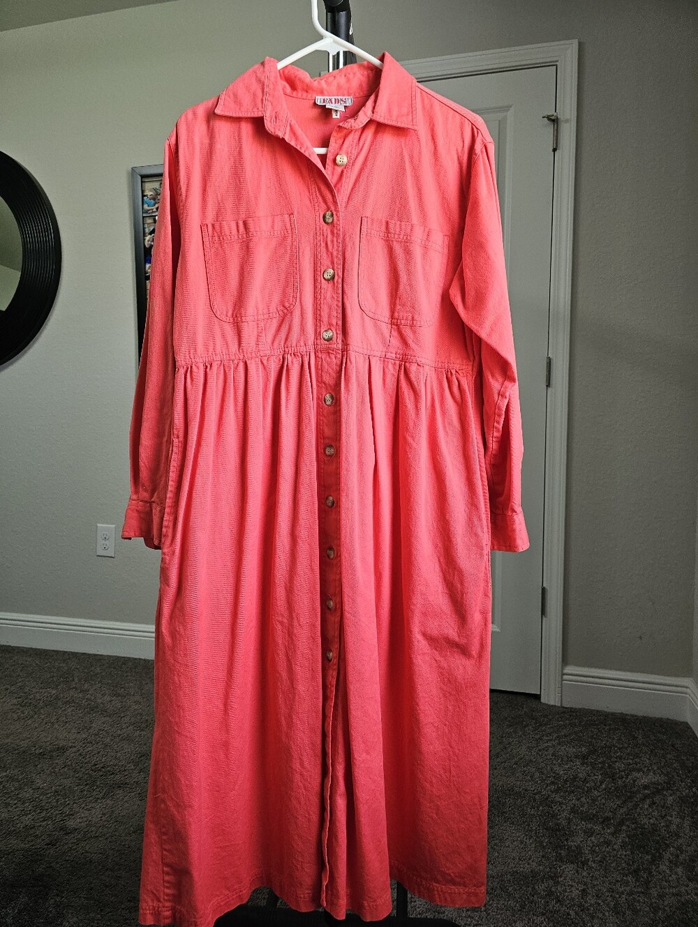 Vintage FADS Midi Dress Pink Coral Button Up 100% Cotton Size Petite Medium